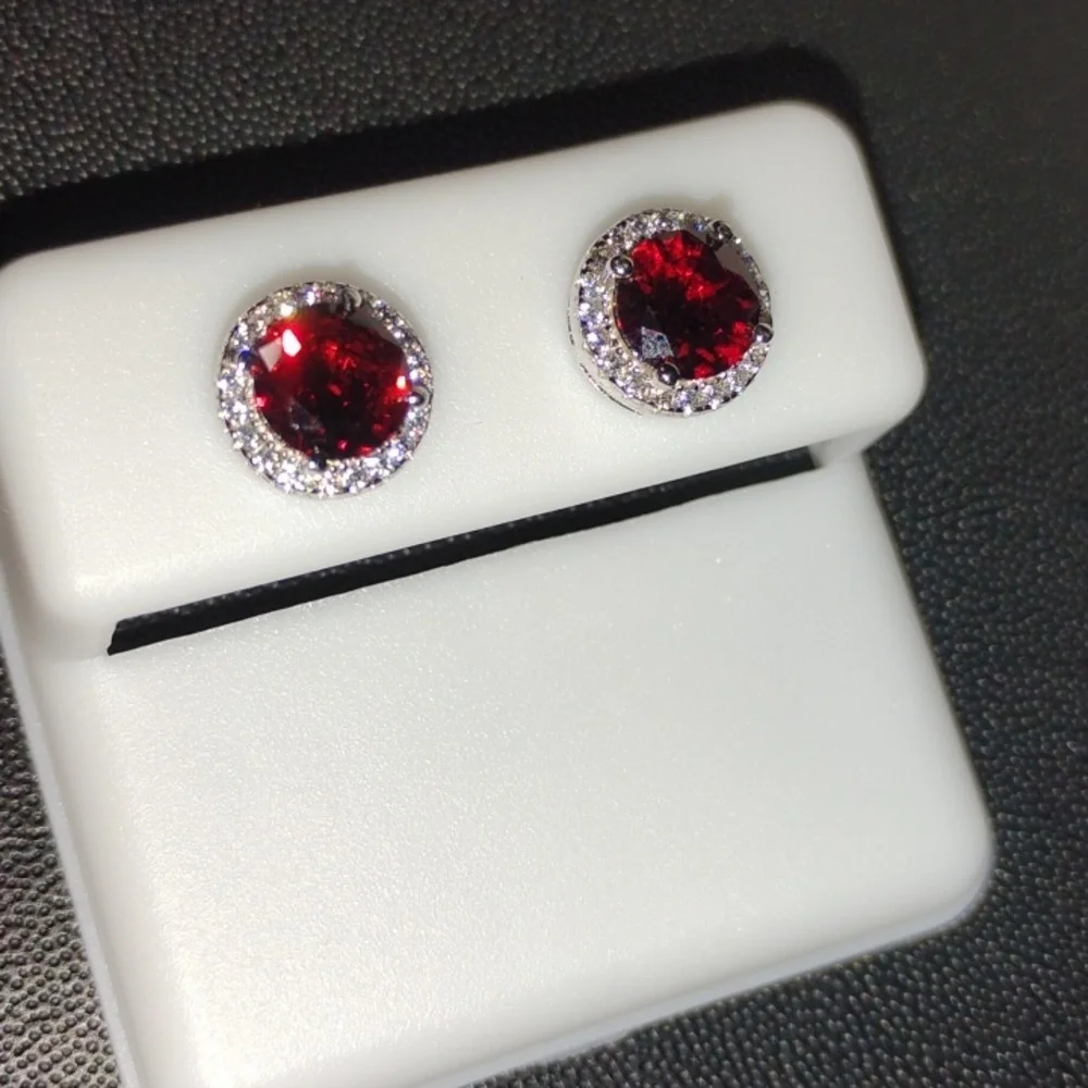 Halo Ruby Red Stud Earrings With Clear Accent Stones
